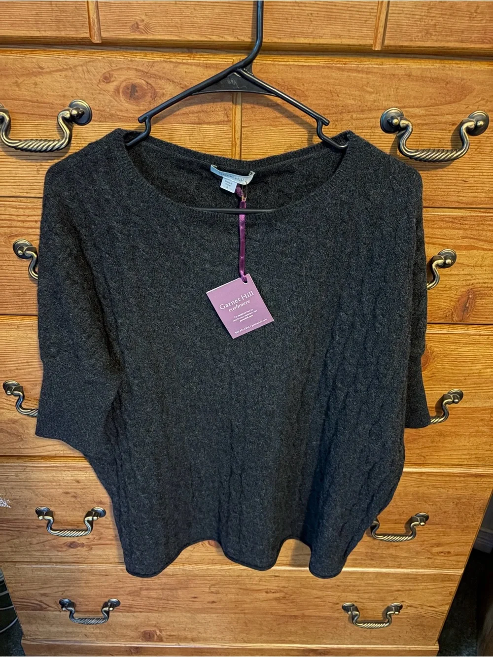 Garnet Hill Black Cable-Knit Short-Sleeve Sweater Top - Picture 1 of 4